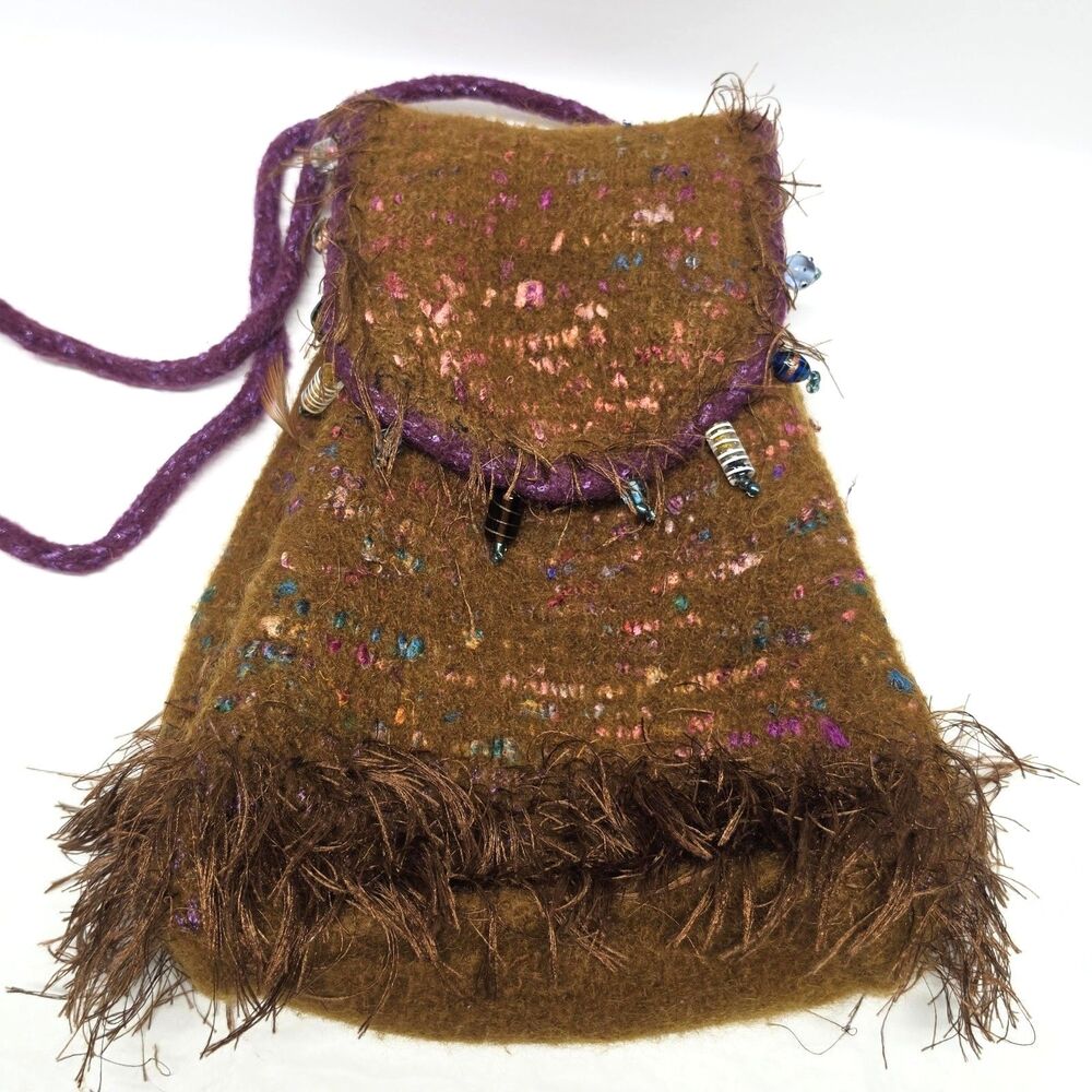 Hand Felted Brown Wool Drawstring Bag VTG Y2K Fringed Glass Beads Accent Boho